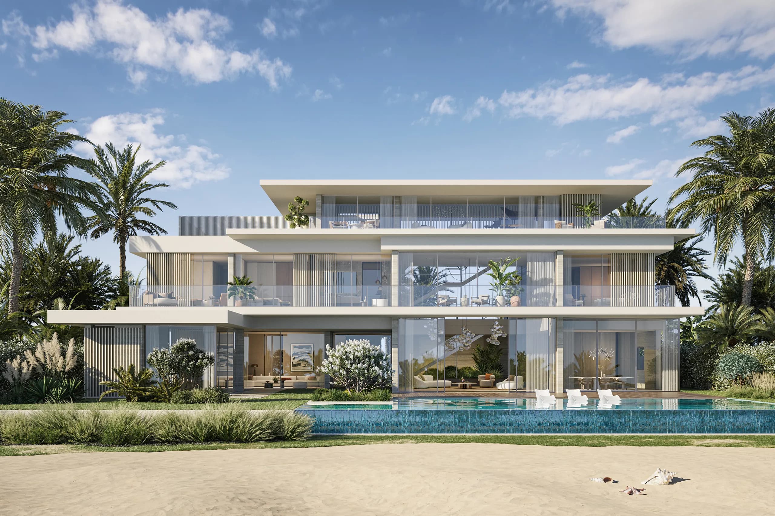 Beach villa exterior at Bay Villas Dubai Islands with direct beach access