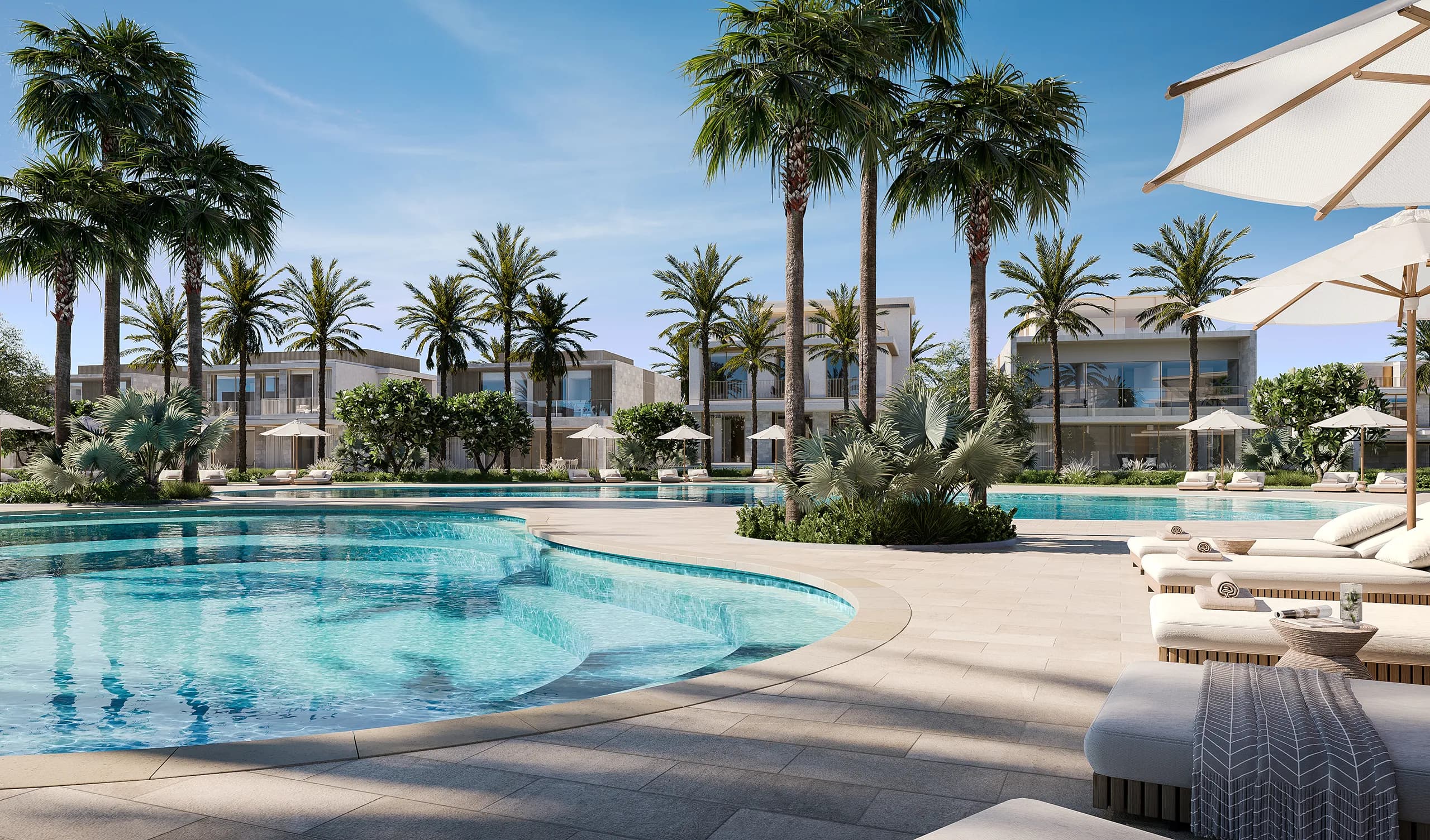 Aerial view of the Bay Villas gated community on Dubai Islands with beachfront villas and landscaped parks